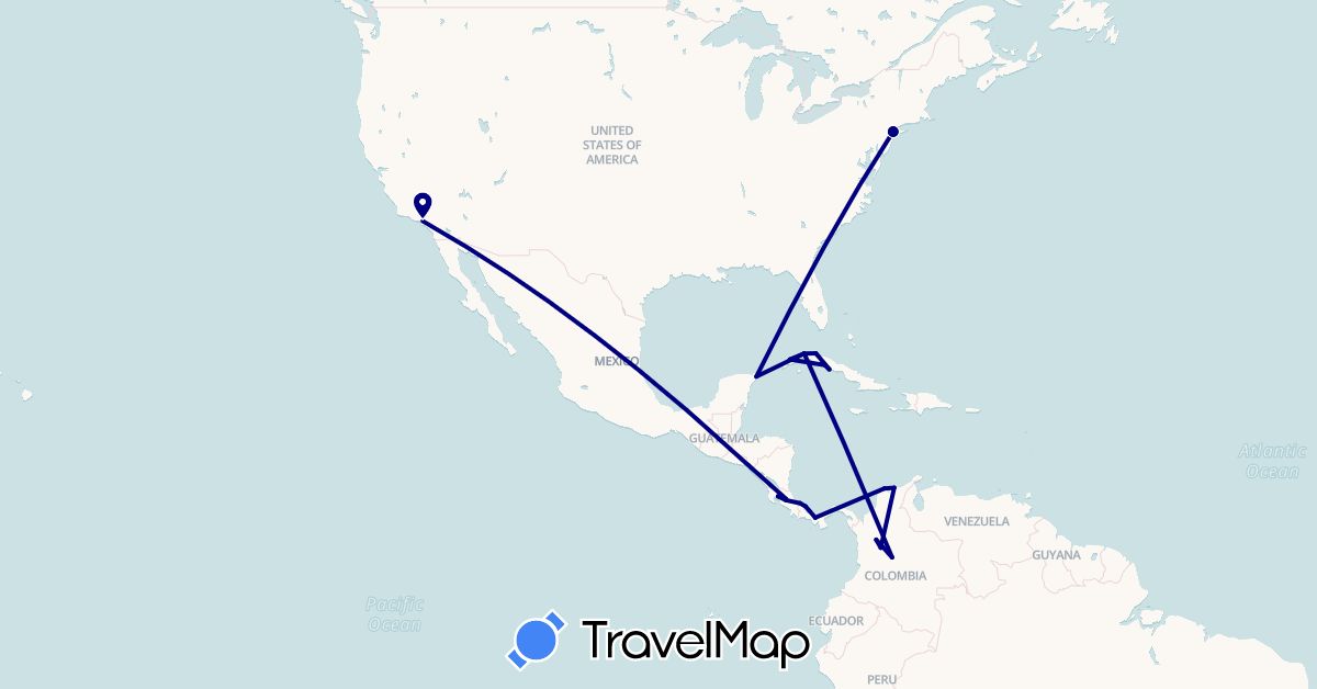 TravelMap itinerary: driving in Colombia, Costa Rica, Cuba, Mexico, Panama, United States (North America, South America)